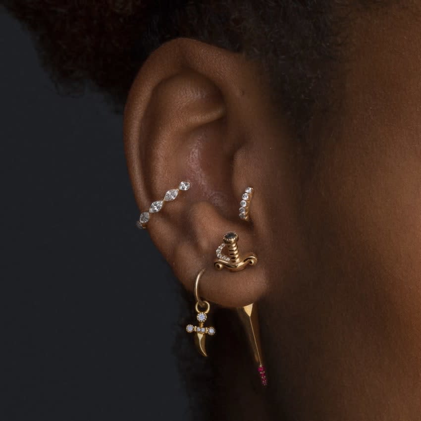 Black and White Diamond Long Sword with Ruby Drops Earstud Yellow Gold 22mm