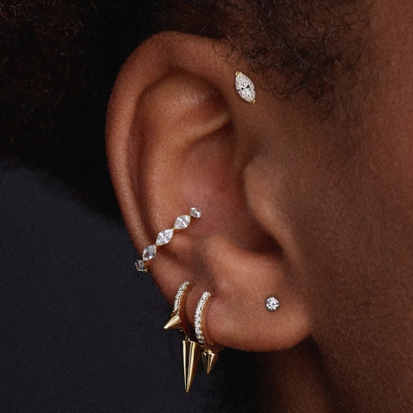 Single Short Spike Diamond Eternity Hoop Earring Yellow Gold 9.5mm