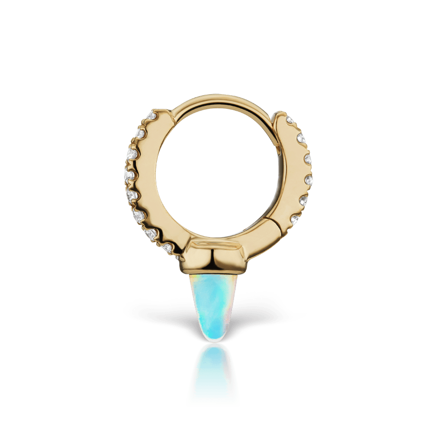 Single Short Opal Spike Diamond Eternity Hoop Earring Yellow Gold 6.5mm