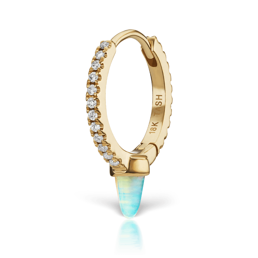 Single Short Opal Spike Diamond Eternity Hoop Earring Yellow Gold 9.5mm