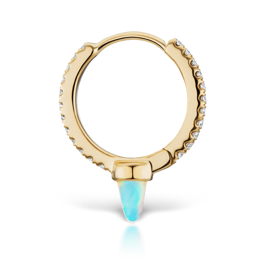 Single Short Opal Spike Diamond Eternity Hoop Earring Yellow Gold 9.5mm