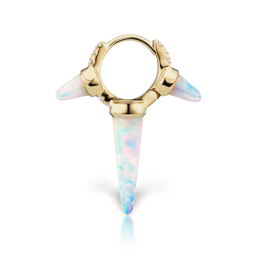 Triple Long Opal Spike Diamond Eternity Hoop Earring Yellow Gold 6.5mm