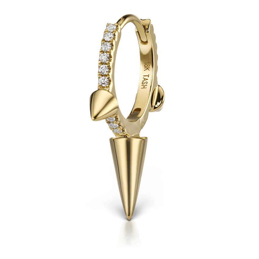 Triple Long Spike Diamond Eternity Hoop Earring Yellow Gold 9.5mm