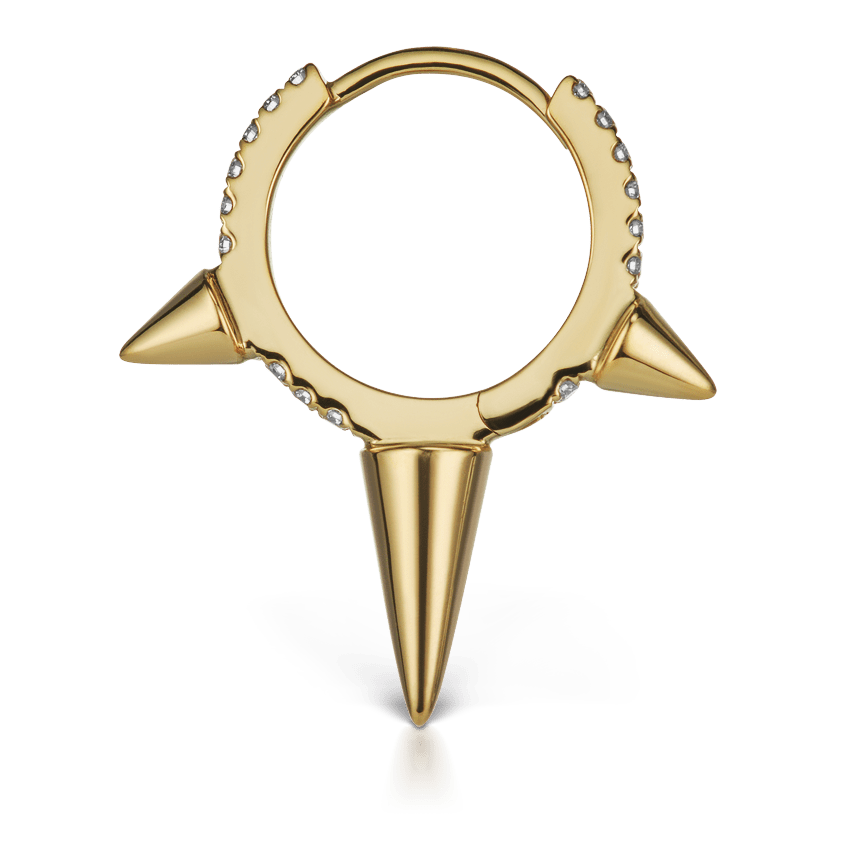 Triple Long Spike Diamond Eternity Hoop Earring Yellow Gold 9.5mm