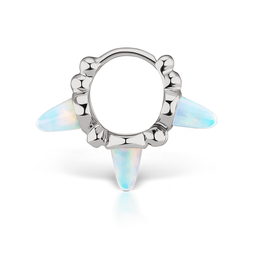 Triple Short Opal Spike Granulated Hoop Earring White Gold 6.5mm