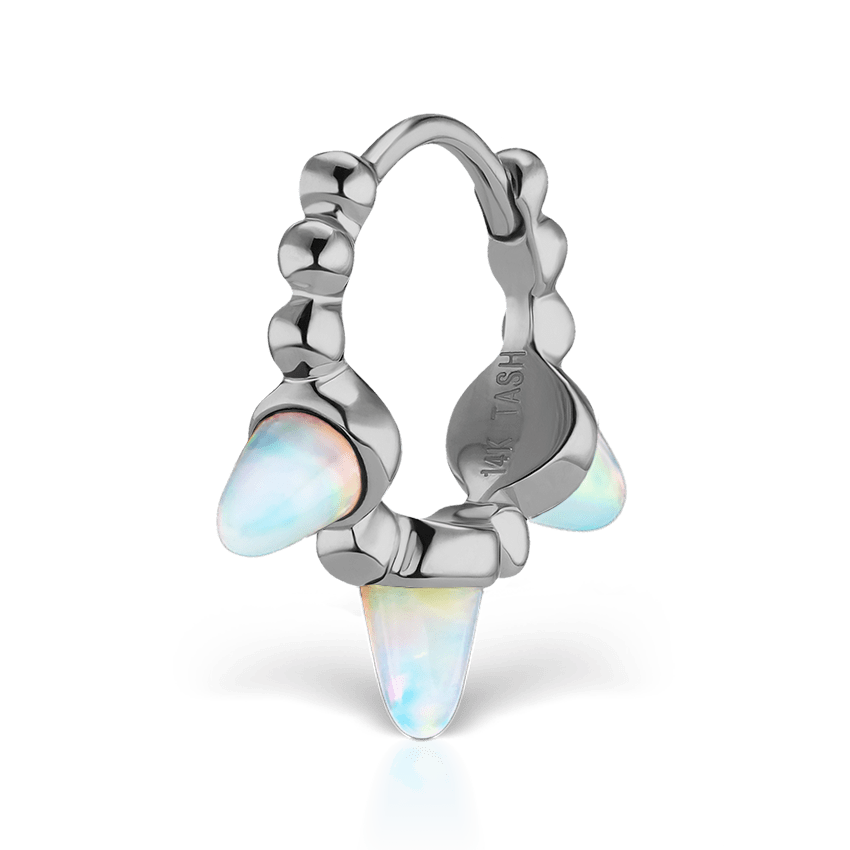 Triple Short Opal Spike Granulated Hoop Earring White Gold 8mm