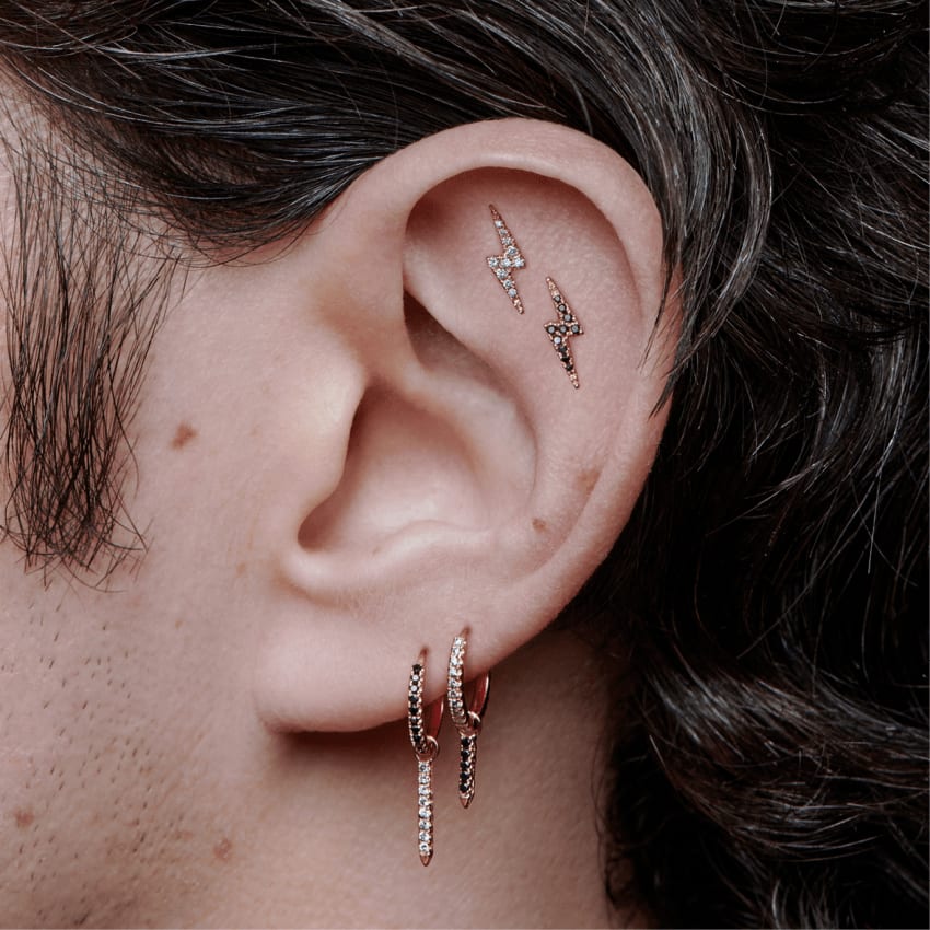 Black Diamond Lightning Bolt Threaded Stud Earring Rose Gold 11mm