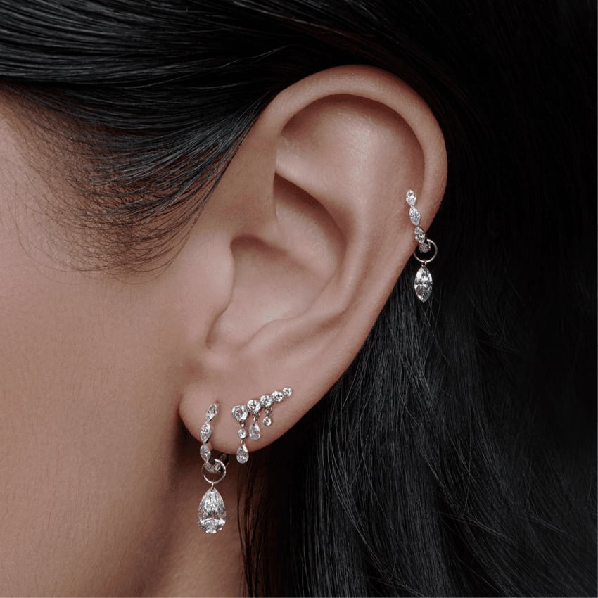 Invisible Set Diamond Crescendo Bar Stud Earring White Gold 11mm Left