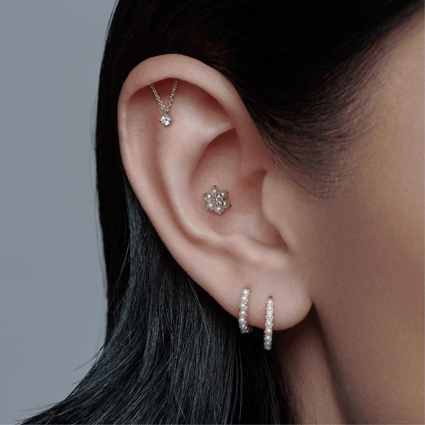 Prong Set Diamond Drape Threaded Stud Earring Rose Gold 2mm Horizontal