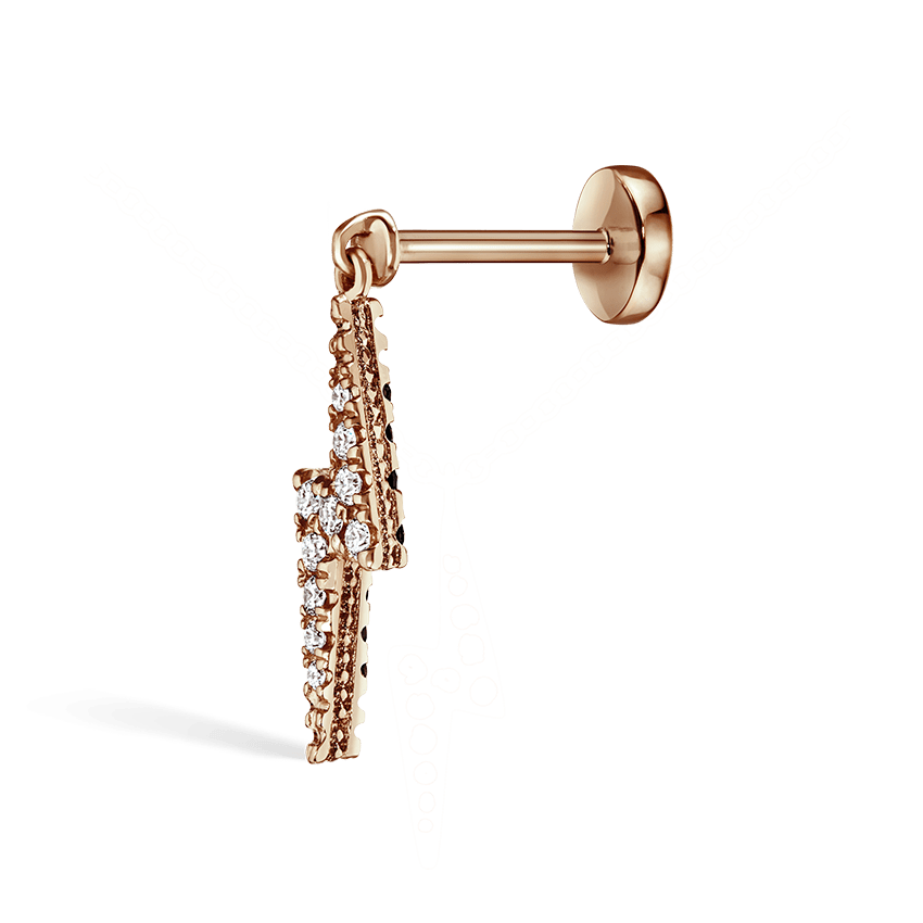 White and Black Diamond Lightning Bolt Threaded Charm Earring Rose Gold