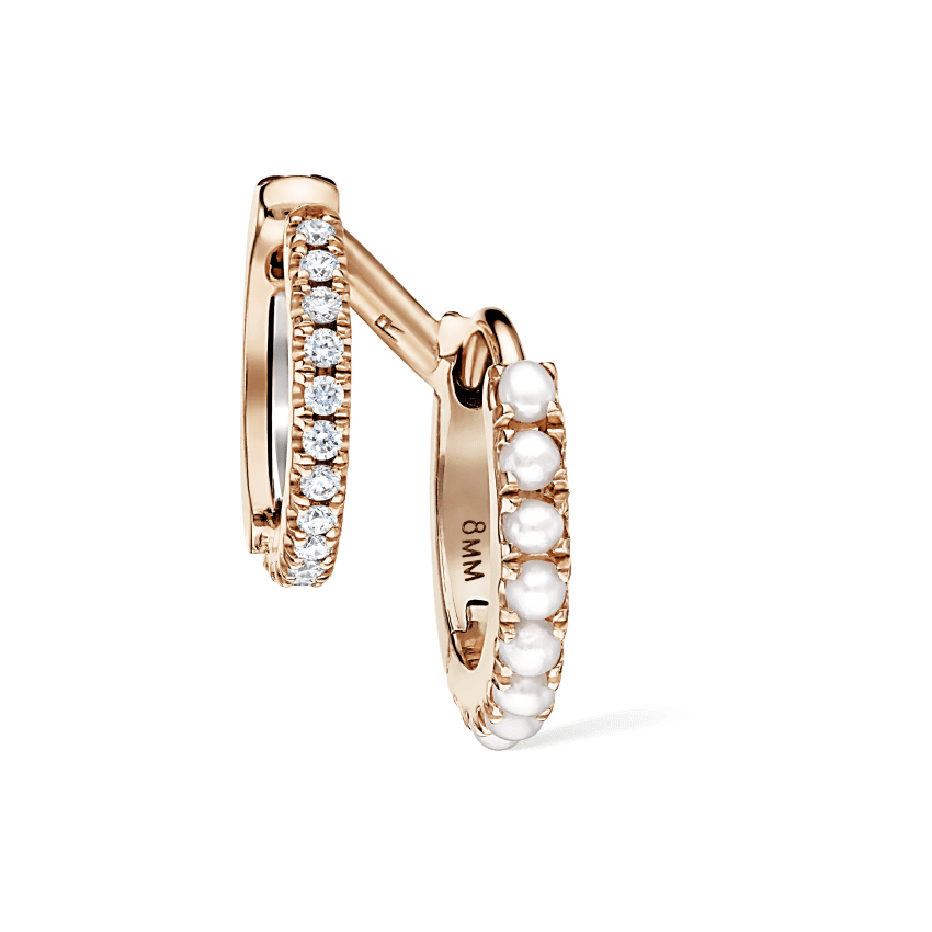 Pearl and Diamond Double Eternity Linked Hoop Earring and Cuff Rose Gold 8mm Right