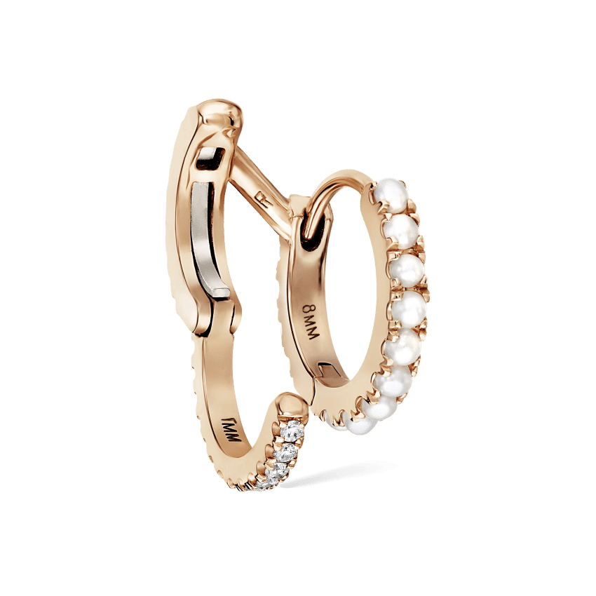Pearl and Diamond Double Eternity Linked Hoop Earring and Cuff Rose Gold 8mm Right