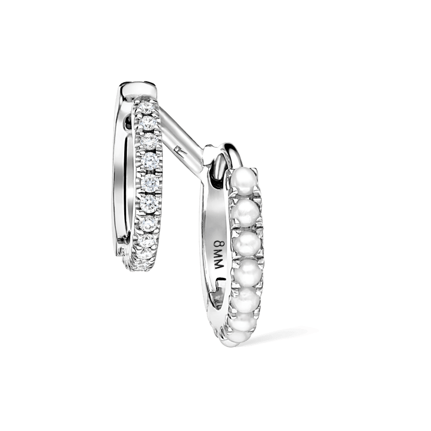 Pearl and Diamond Double Eternity Linked Hoop Earring and Cuff White Gold 8mm Right