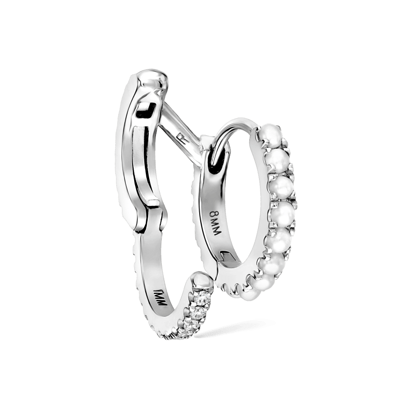 Pearl and Diamond Double Eternity Linked Hoop Earring and Cuff White Gold 8mm Right