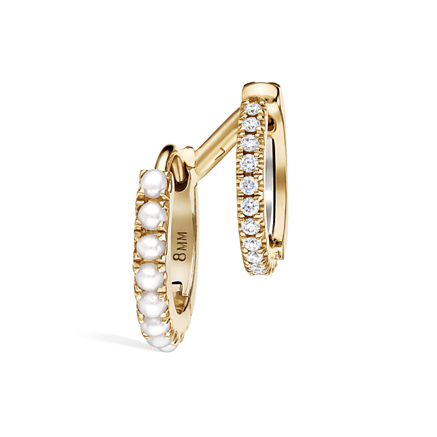 Pearl and Diamond Double Eternity Linked Hoop Earring and Cuff Yellow Gold 8mm Left
