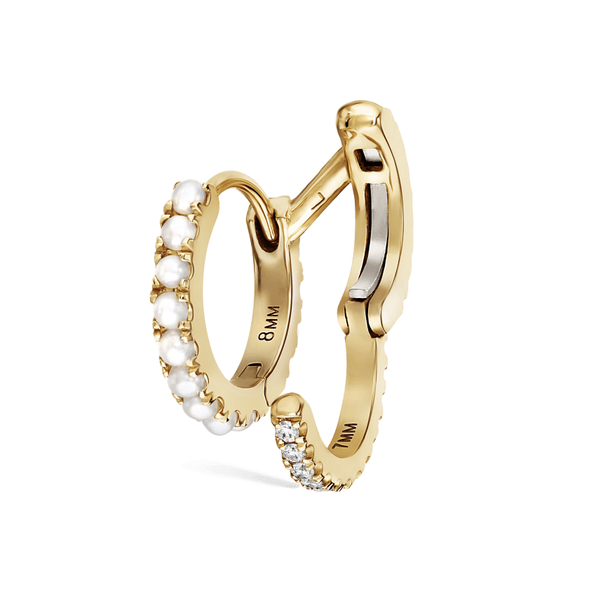 Pearl and Diamond Double Eternity Linked Hoop Earring and Cuff Yellow Gold 8mm Left