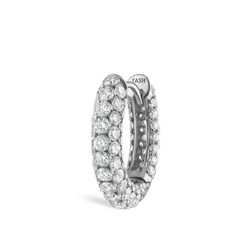 Invisible Set Diamond Three Row Pavé Hoop Earring White Gold 9.5mm