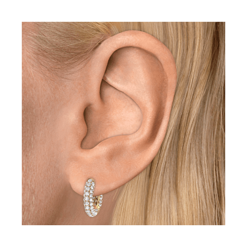 Invisible Set Diamond Three Row Pavé Hoop Earring Yellow Gold 9.5mm