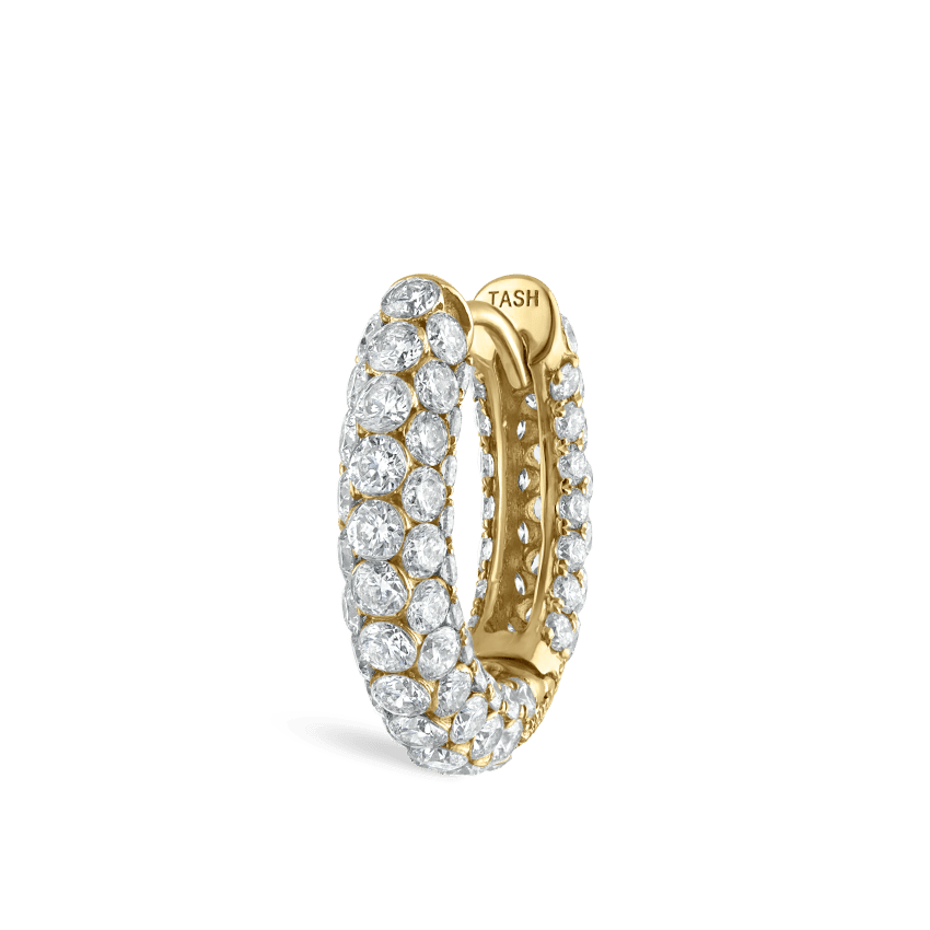 Invisible Set Diamond Three Row Pavé Hoop Earring Yellow Gold 9.5mm