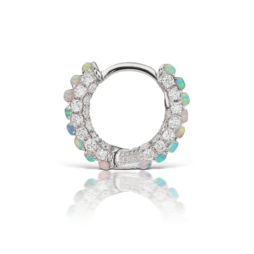 Opal and Diamond Pavé Hoop Earring (Bottom Hinge) White Gold 6.5mm