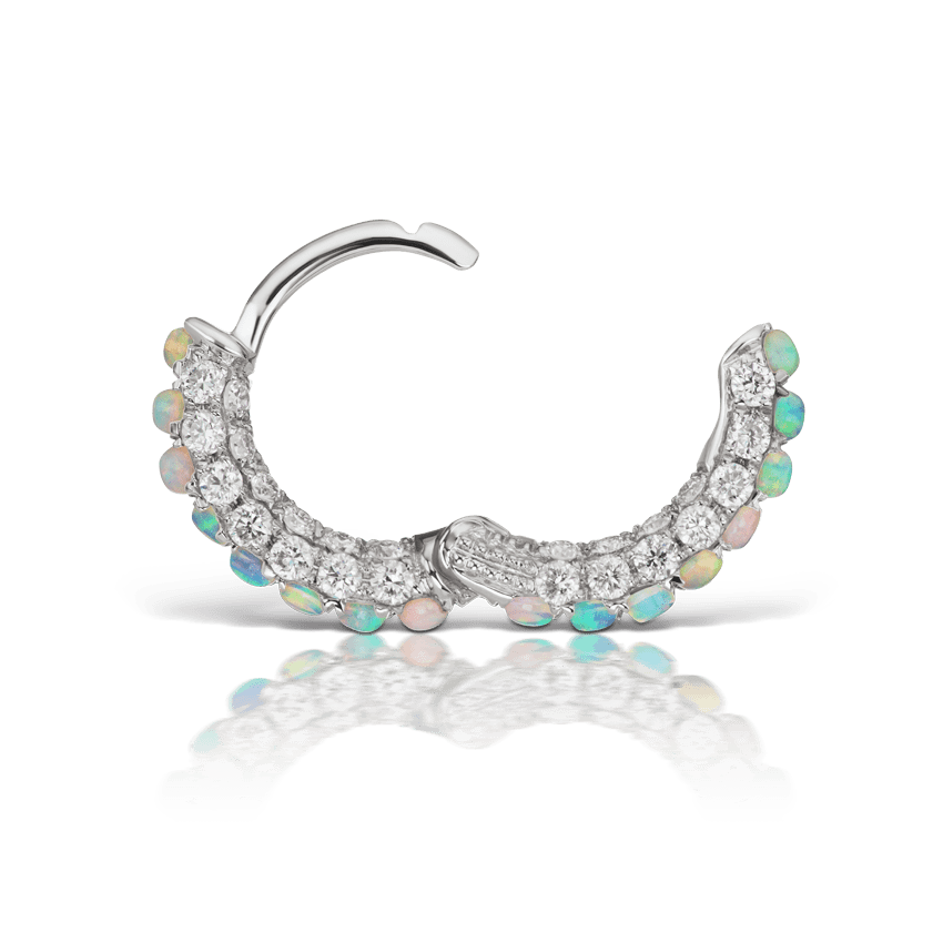 Opal and Diamond Pavé Hoop Earring (Bottom Hinge) White Gold 6.5mm