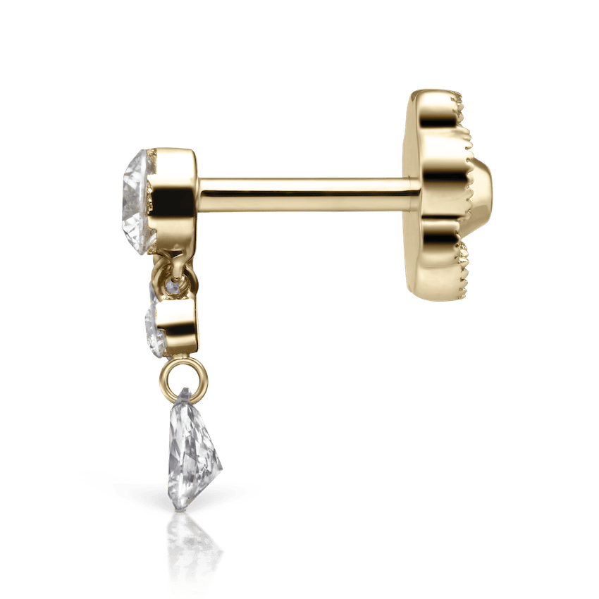 Invisible Set Diamond Crescendo Bar Threaded Stud Earring Yellow Gold 18mm Right