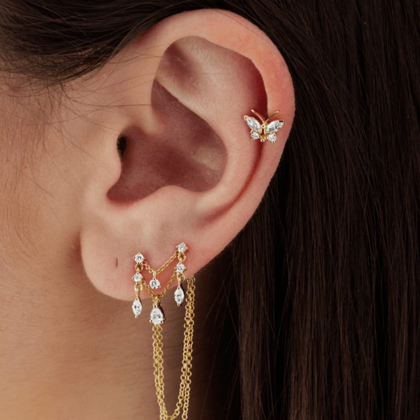 Diamond Marquise Butterfly Threaded Stud Earring Yellow Gold