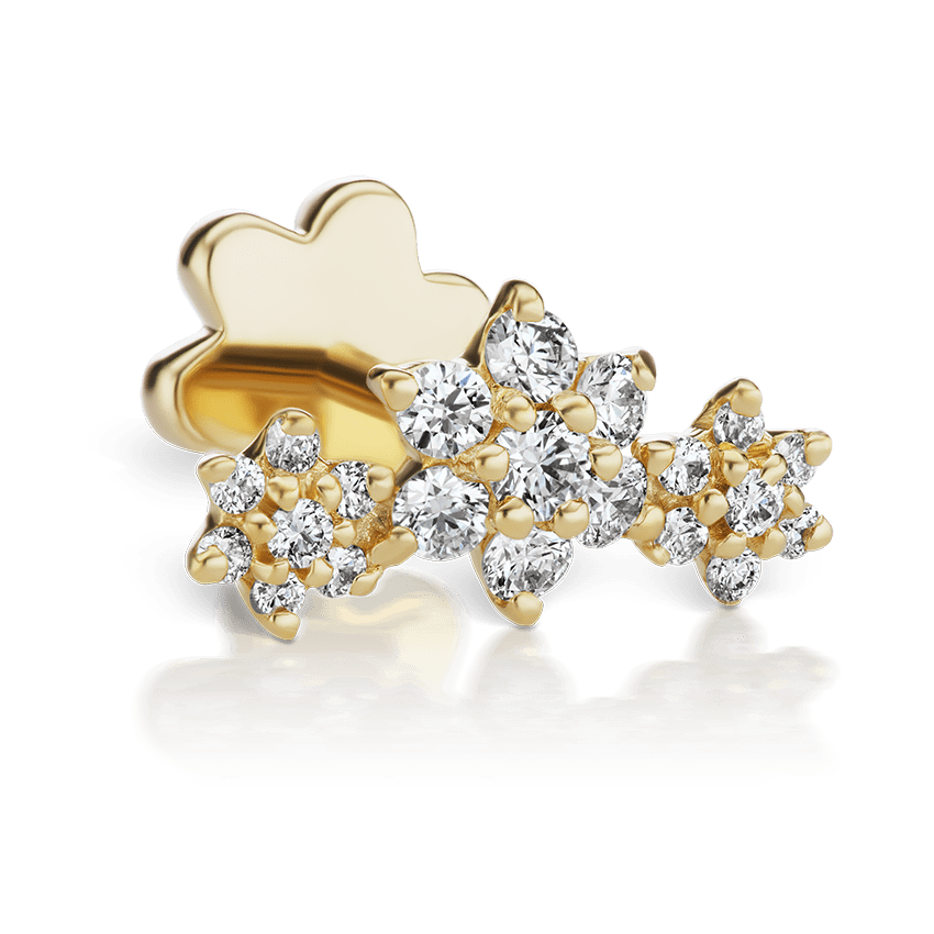 Three Flower Garland Diamond Threaded Stud Earring Yellow Gold