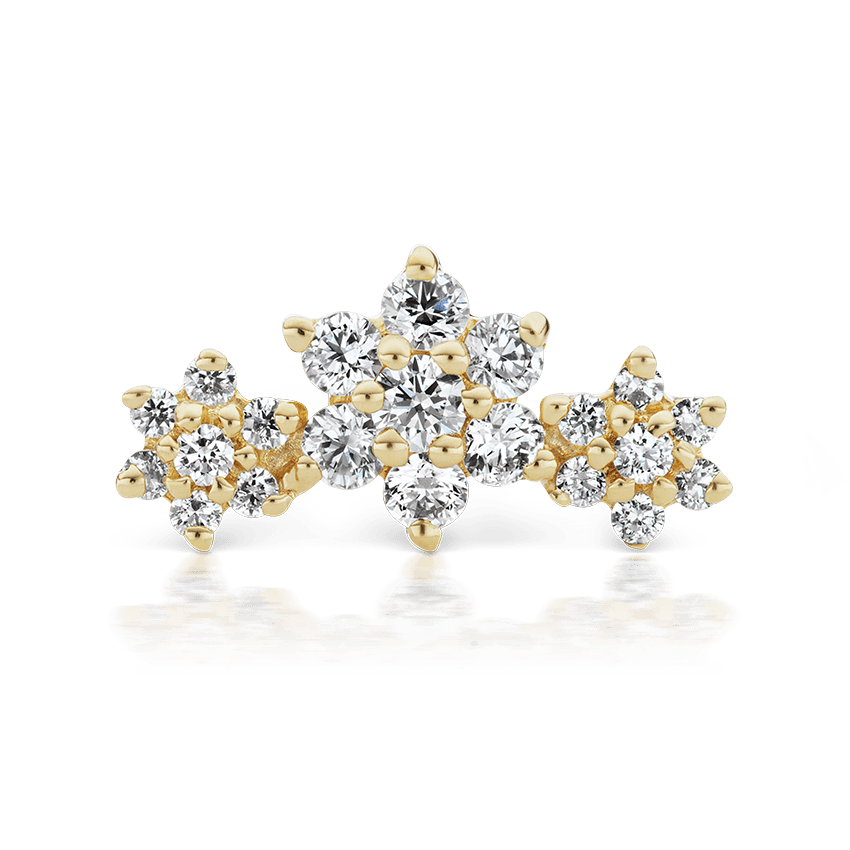 Three Flower Garland Diamond Threaded Stud Earring Yellow Gold