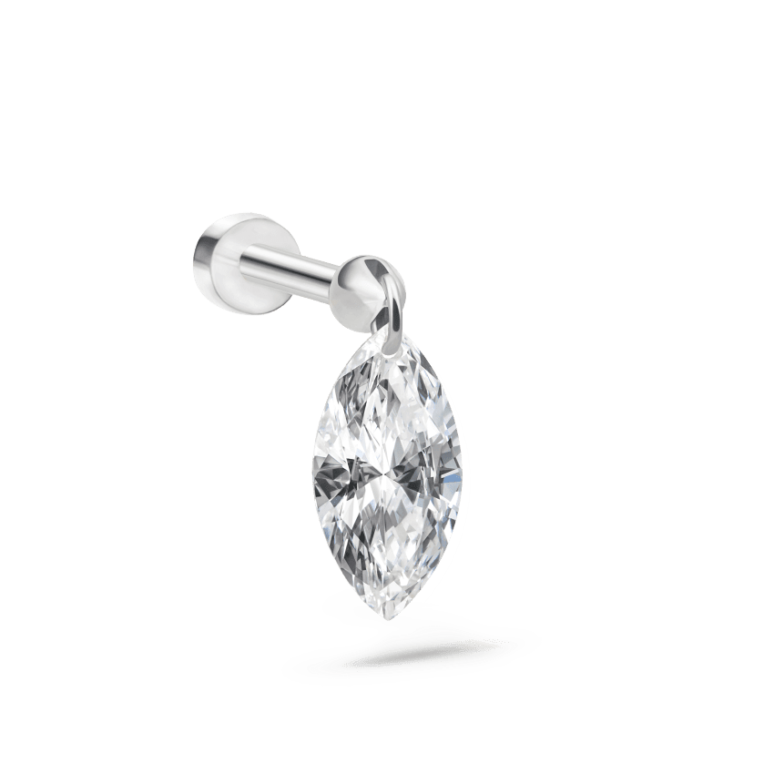 Floating Marquise Diamond Charm Threaded Stud Earring White Gold 6mm