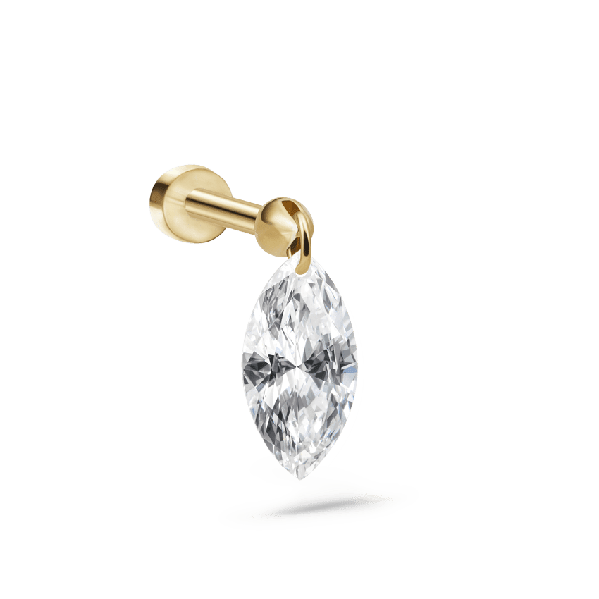 Floating Marquise Diamond Charm Threaded Stud Earring Yellow Gold 6mm