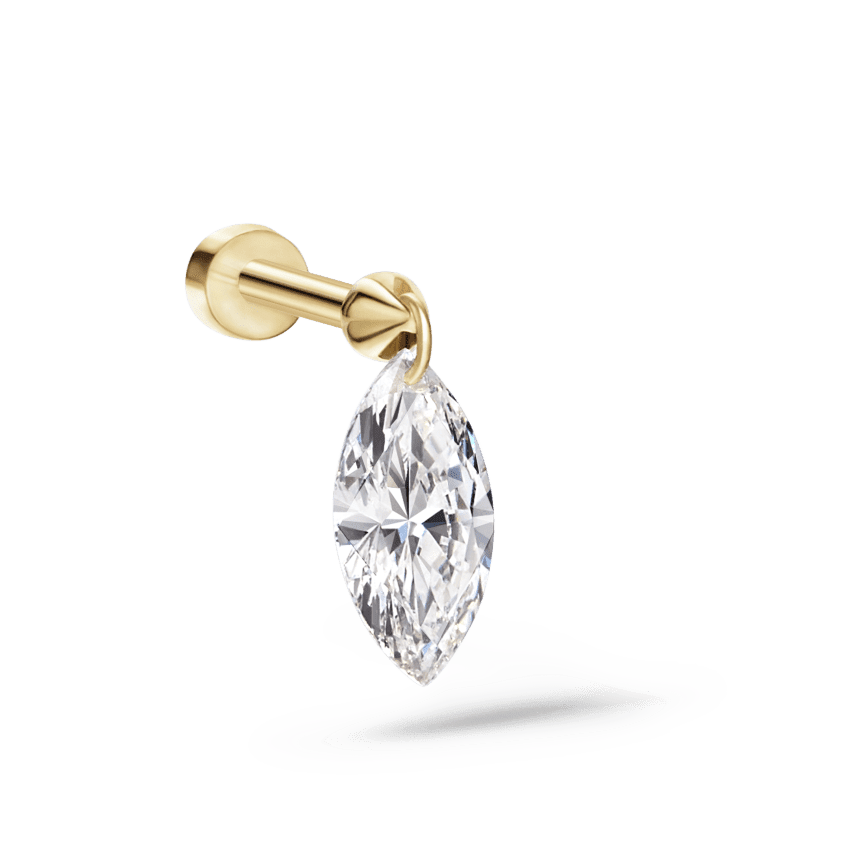 Floating Marquise Diamond Charm Threaded Stud Earring Yellow Gold 7mm