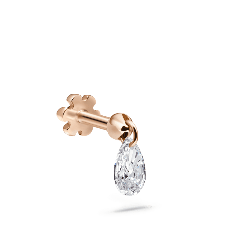 Floating Pear Diamond Charm Threaded Stud Earring Rose Gold 4mm