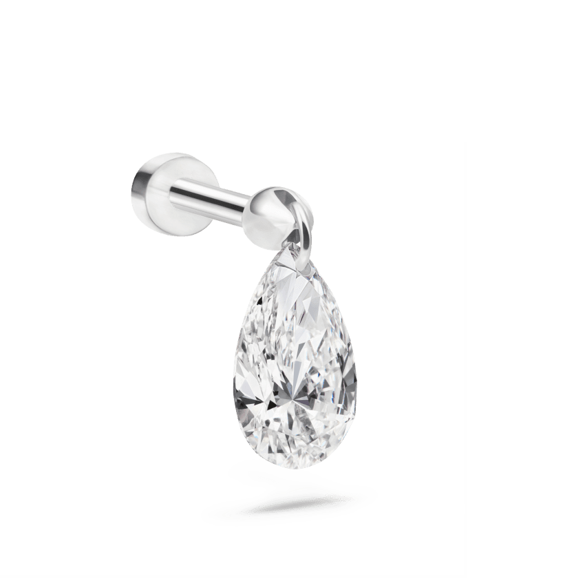 Floating Pear Diamond Charm Threaded Stud Earring White Gold 7mm