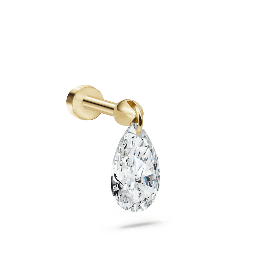Floating Pear Diamond Charm Threaded Stud Earring Yellow Gold 6mm