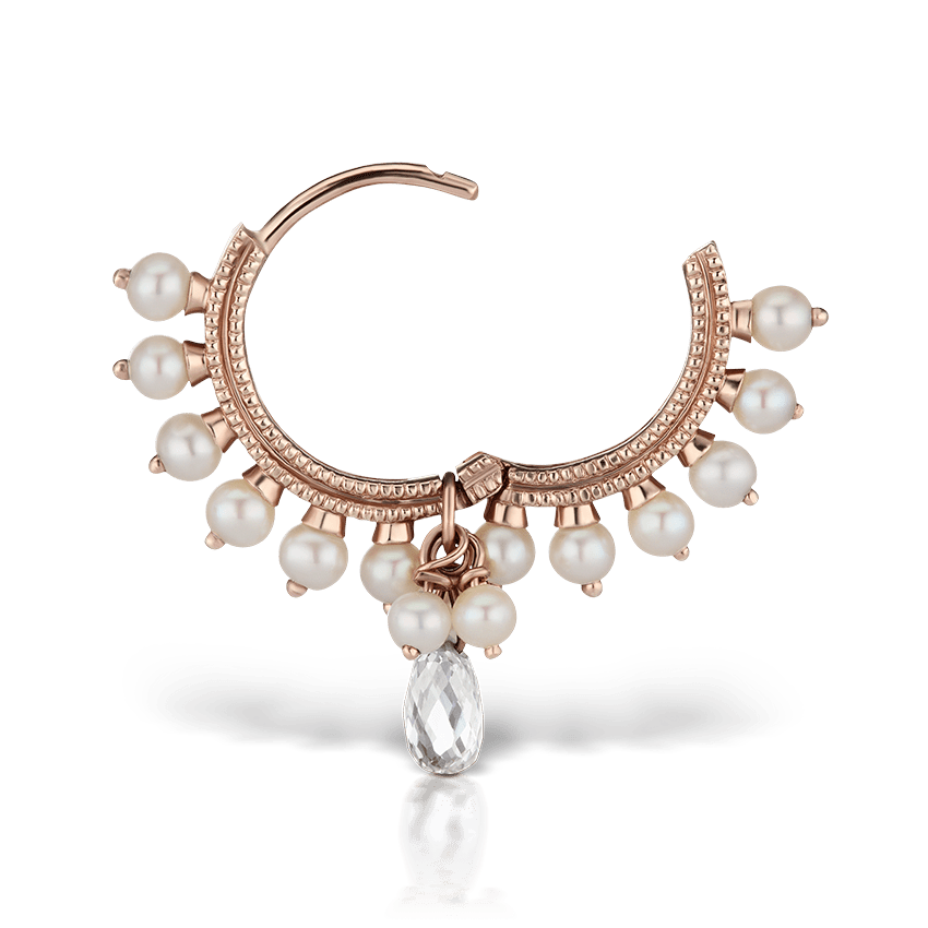 Pearl Coronet Diamond Briolette Hoop Earring Rose Gold 9.5mm
