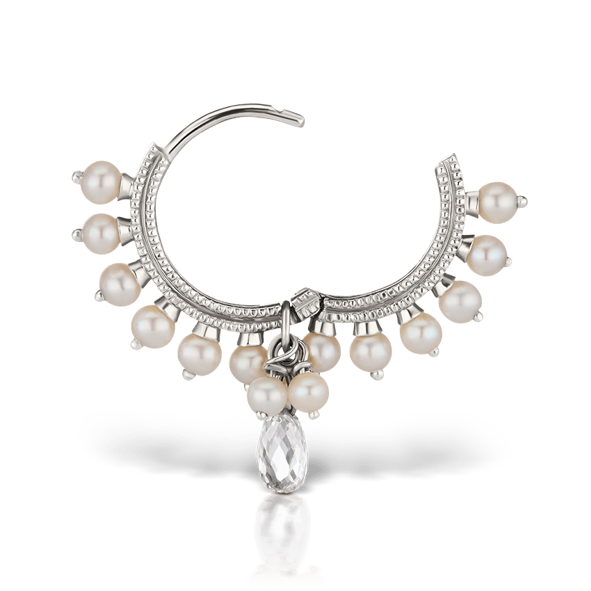 Pearl Coronet Diamond Briolette Hoop Earring White Gold 9.5mm