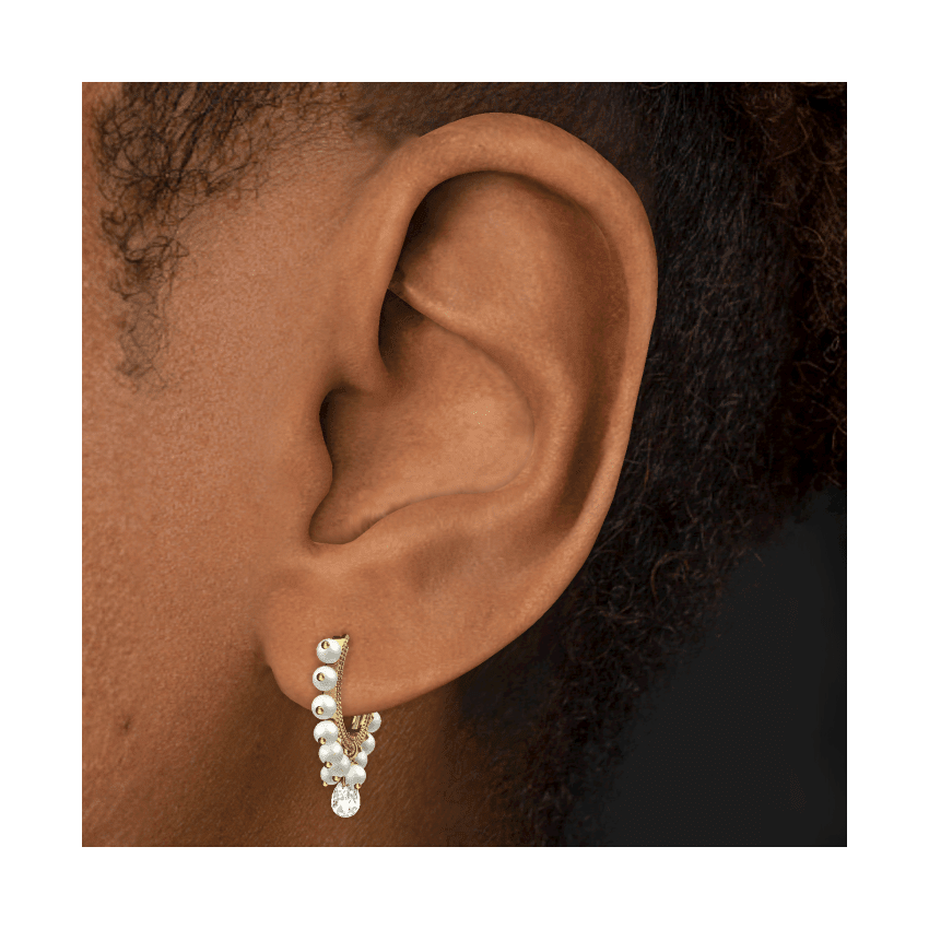 Pearl Coronet Diamond Briolette Hoop Earring White Gold 9.5mm