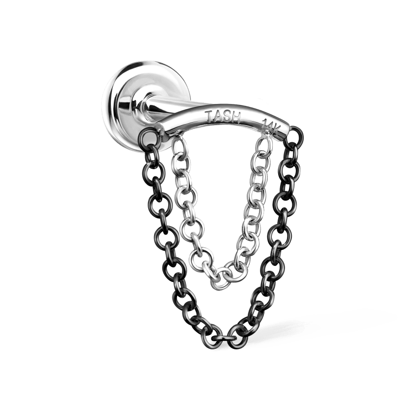 Double Chain Drape Black Gold on White Gold Horizontal