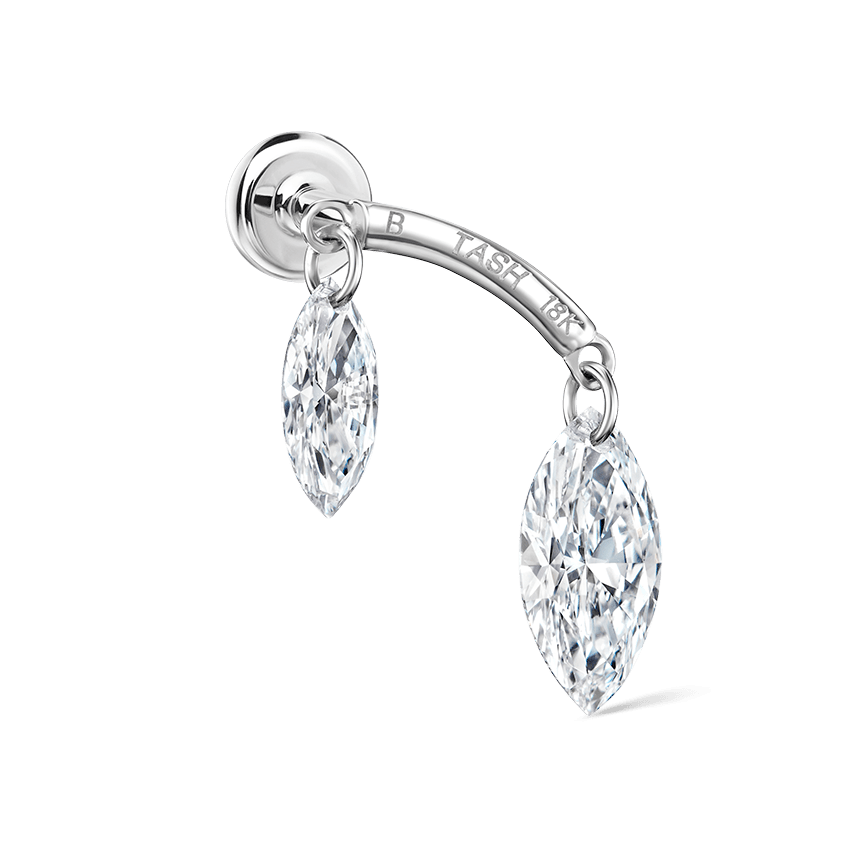 Floating Double Marquise Diamond Drape Threaded Stud Earring White Gold 5.5mm / 7mm Horizontal+B Direction
