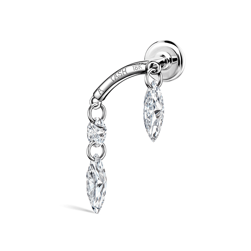 Floating Marquise and Round Diamond Drape Threaded Stud Earring White Gold 2.5mm / 5mm Horizontal+A Direction