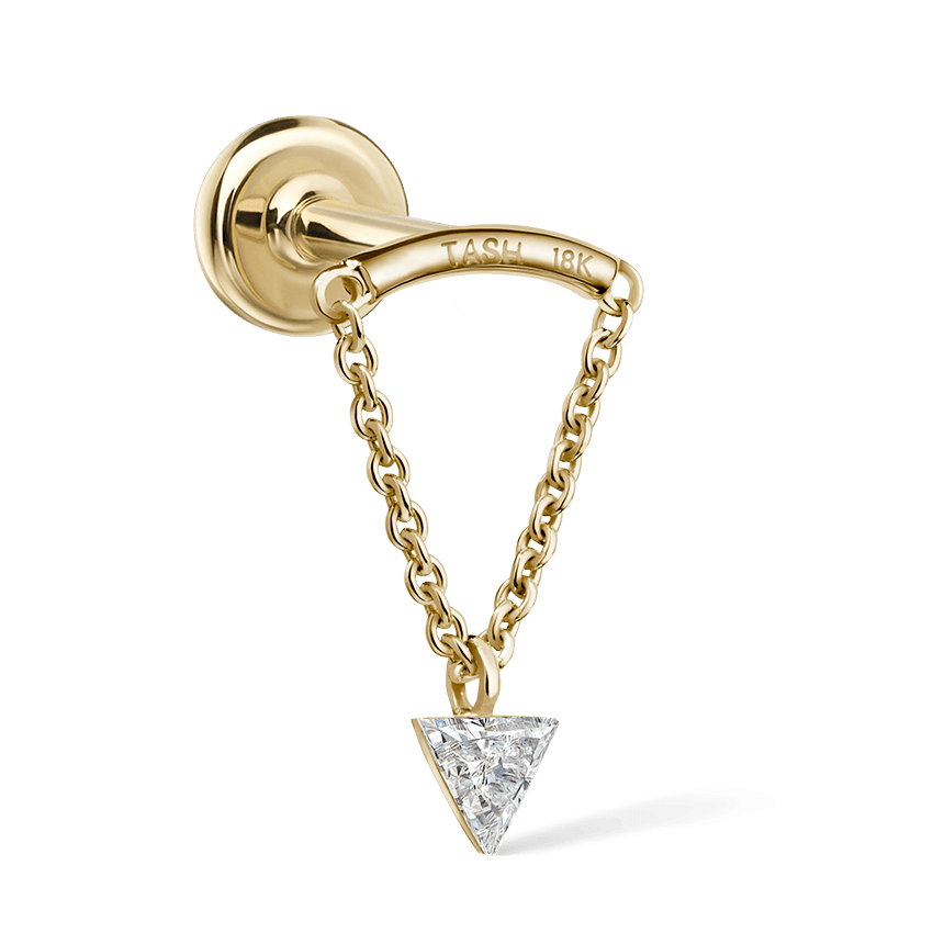 Invisible Set Triangle Diamond Drape Threaded Stud Earring Yellow Gold 3mm Horizontal