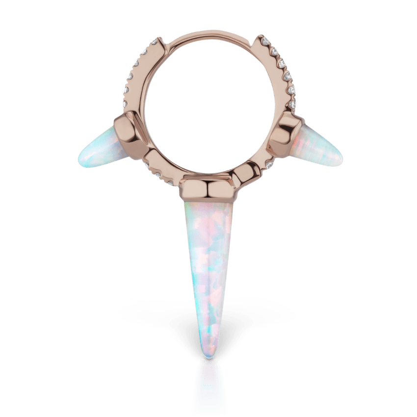 Triple Long Opal Spike Diamond Eternity Hoop Earring Rose Gold 9.5mm