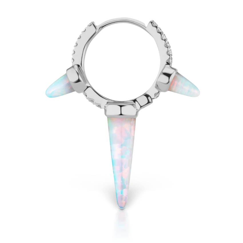 Triple Long Opal Spike Diamond Eternity Hoop Earring White Gold 9.5mm