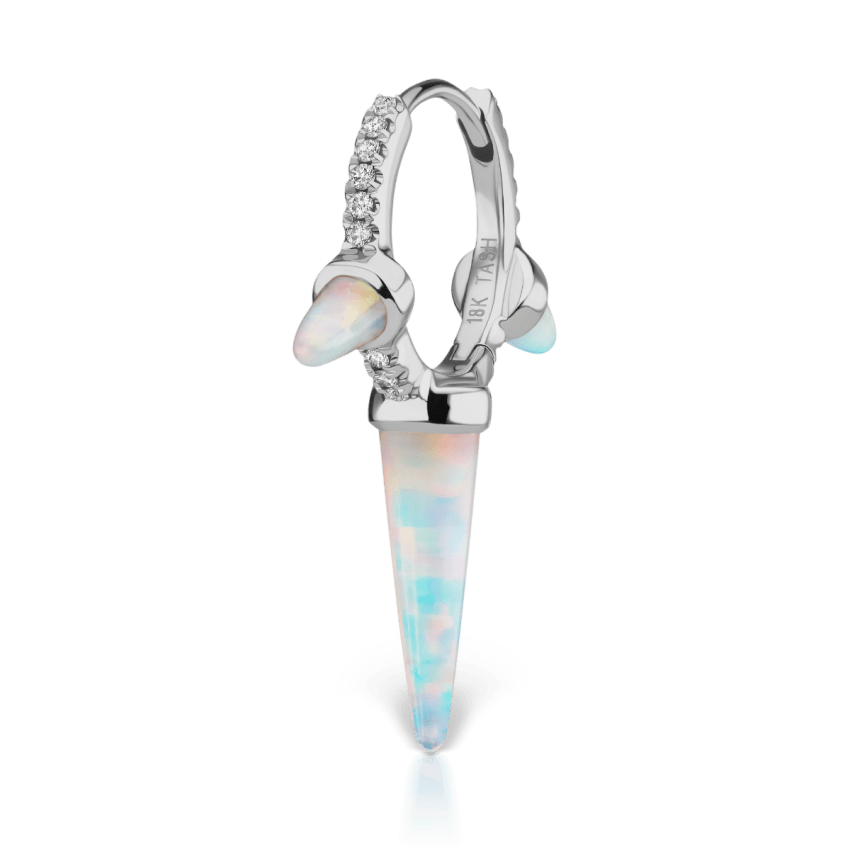 Triple Long Opal Spike Diamond Eternity Hoop Earring White Gold 9.5mm