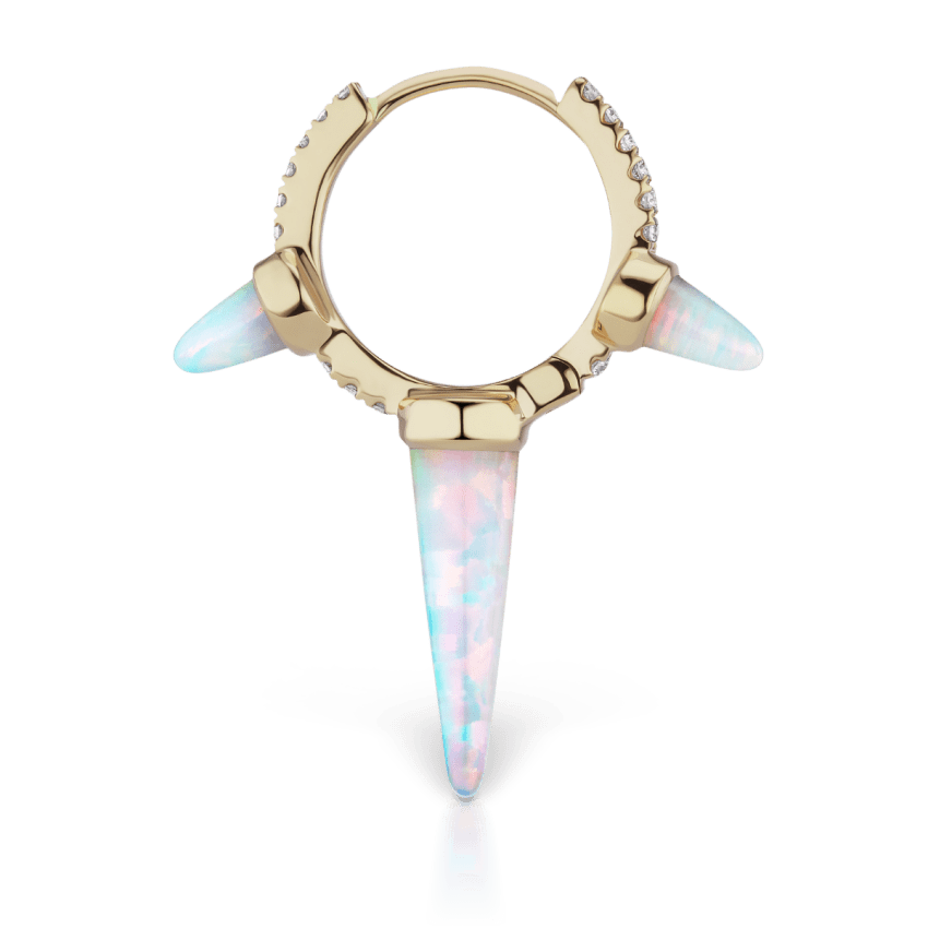 Triple Long Opal Spike Diamond Eternity Hoop Earring Yellow Gold 9.5mm