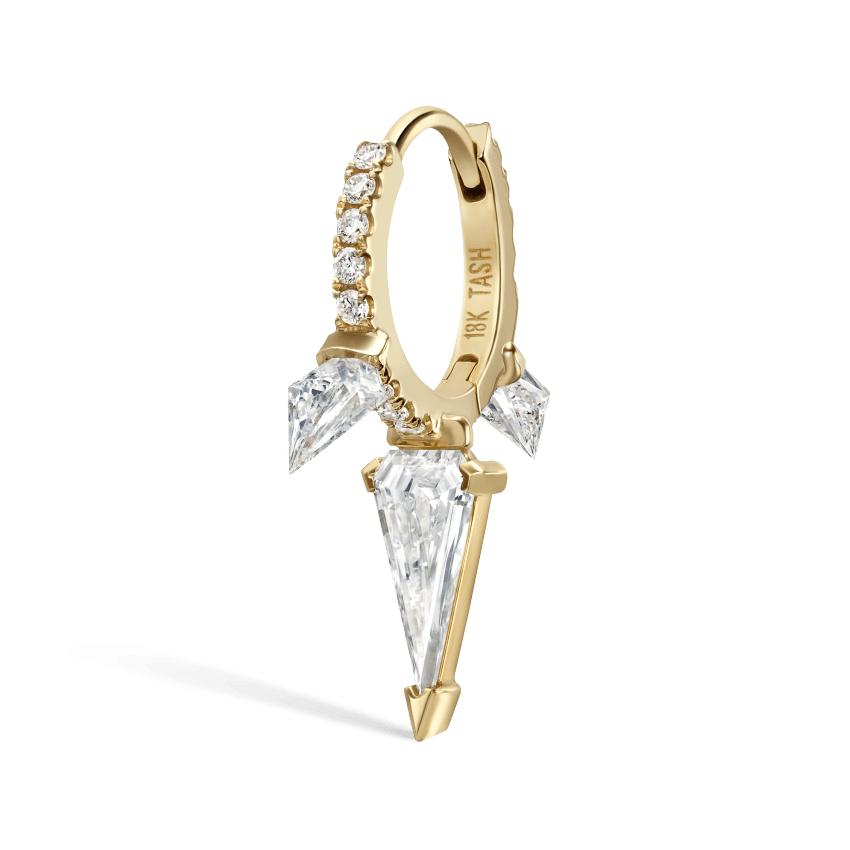 Silhouette Diamond Triple Long Spike Eternity Hoop Earring Yellow Gold 8mm