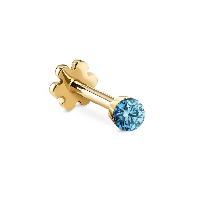 Invisible Set Light Blue Diamond Threaded Stud Earring Yellow Gold 1.5mm