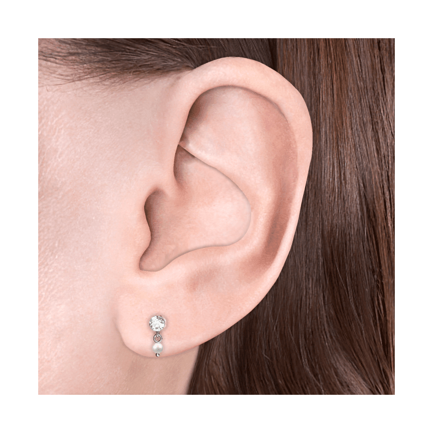 Invisible Set Diamond and Pearl Dangle Threaded Stud Earring White Gold 3mm / 2mm