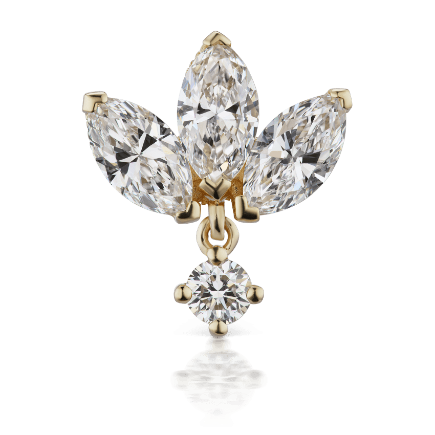 Invisible Diamond Lotus with Dangle Threaded Stud Earring Yellow Gold 6mm